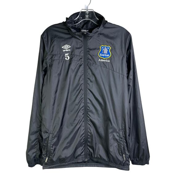 Everton FC Umbro Windbreaker Hoodie Jacket Mens XL Black Embroidered Patches Zip - Picture 1 of 8